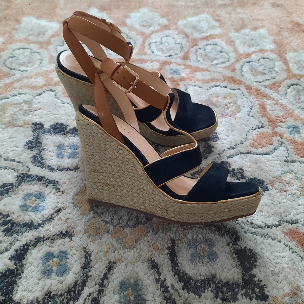 Cole Haan Navy and Tan Espadrille Wedge Sandals